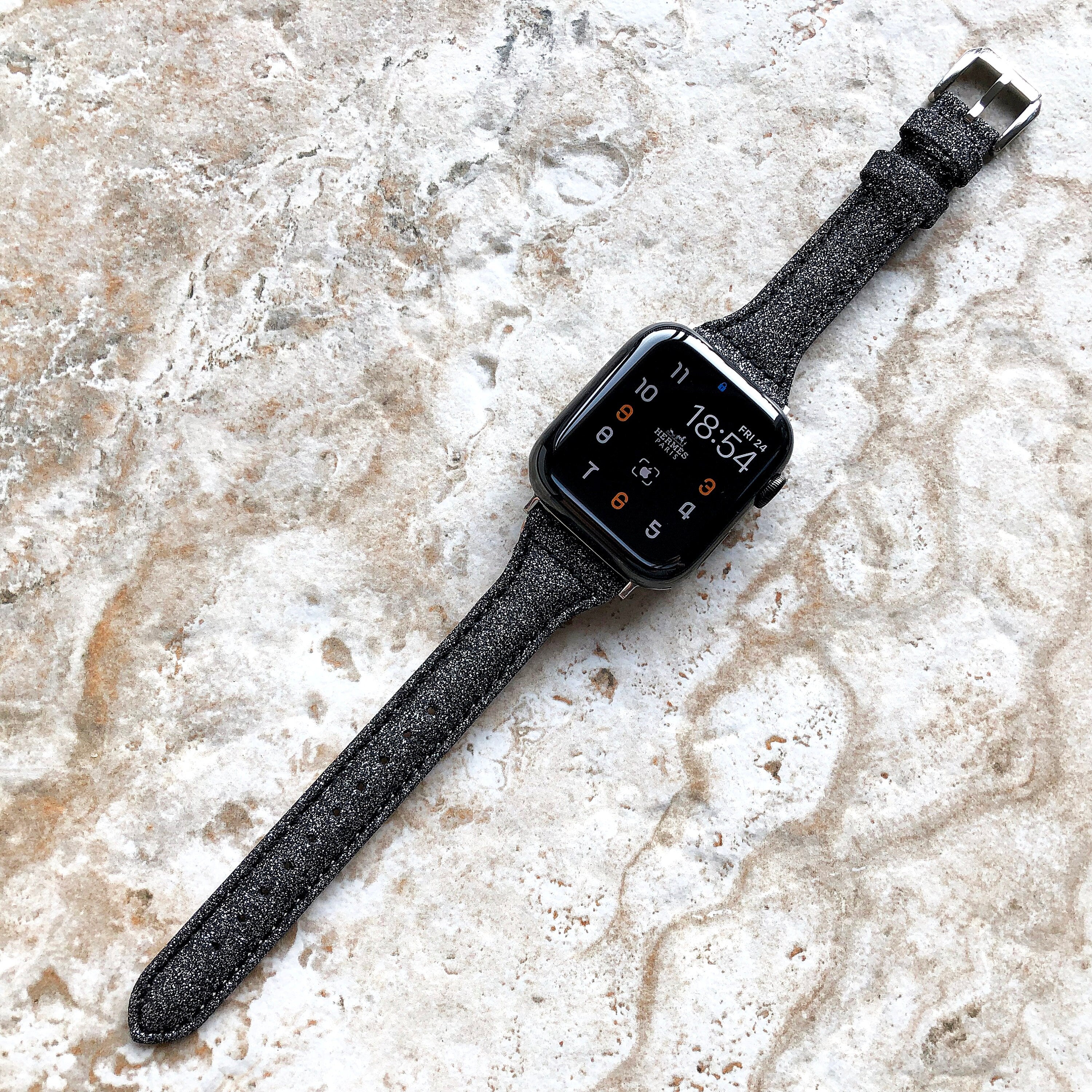 Apple Black Sparkling Glitter Band for iWatch All Series 38mm 40mm 41mm 42mm 44mm 45mm 49mm Case Slim Elegant Soft Leather Straps